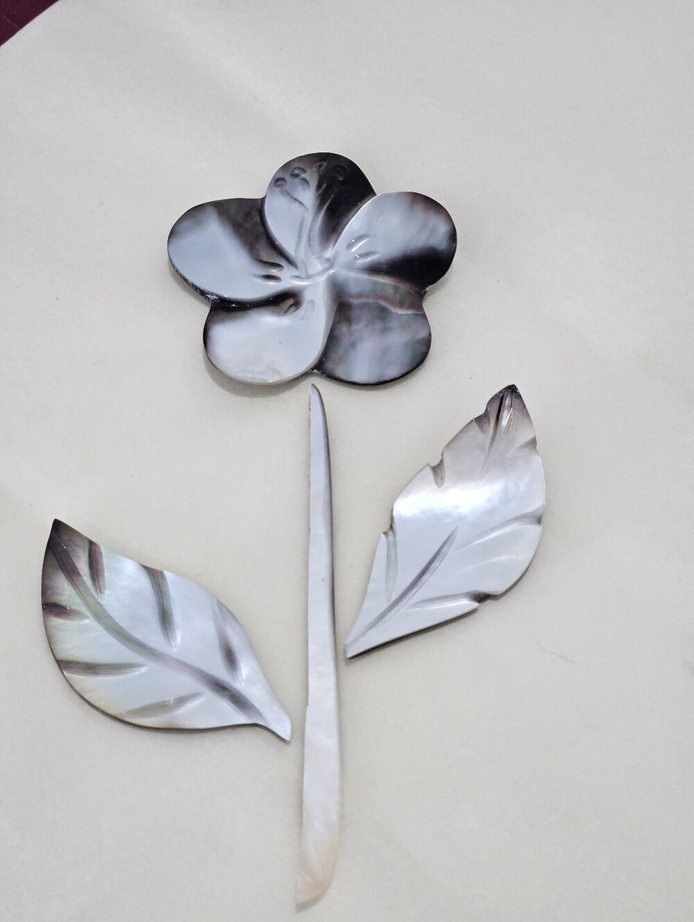 Vintage Handcarved Mother-of-Pearl Decorative Piece, Silver W/ Blk Tips